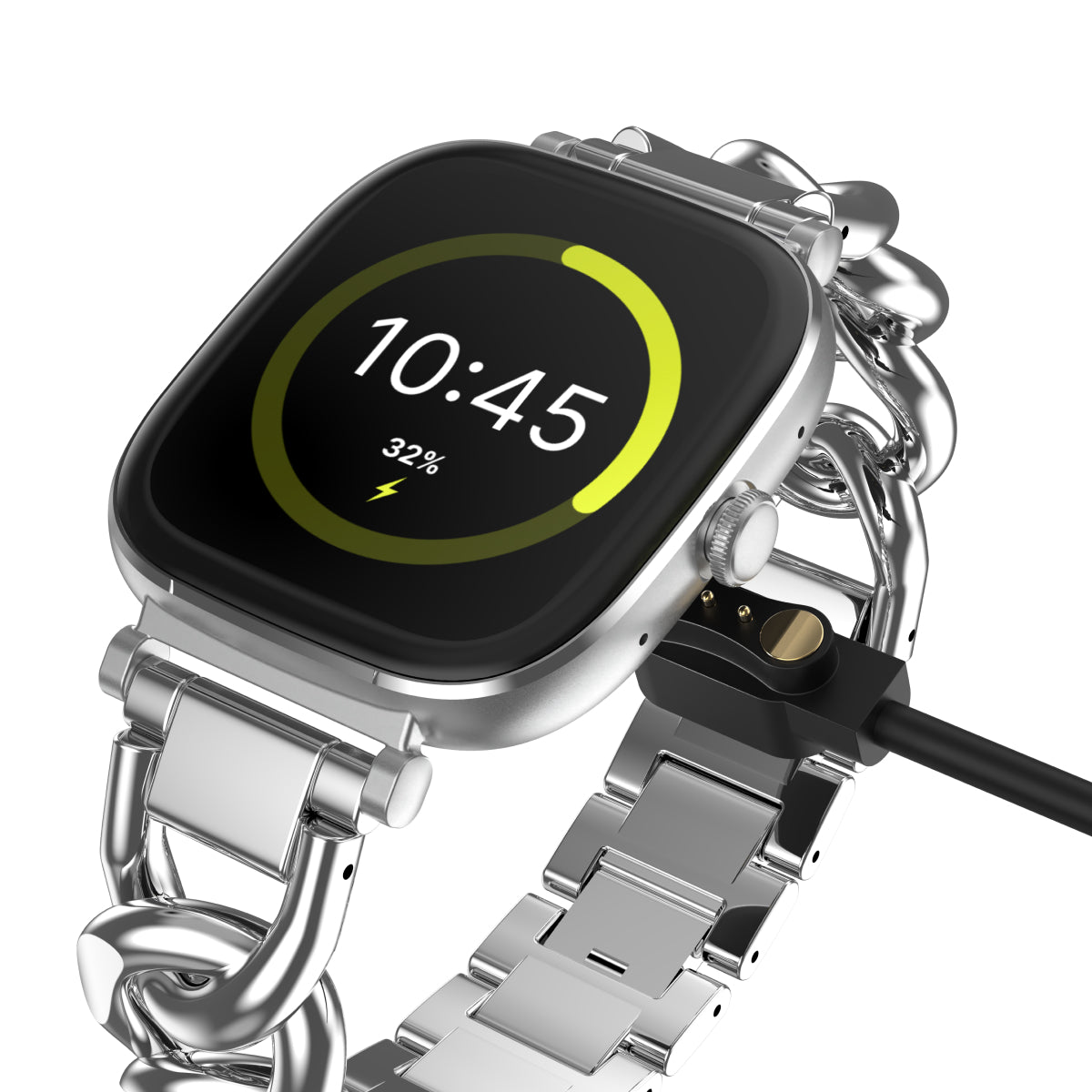 Smartwatch with a metallic band on a white background