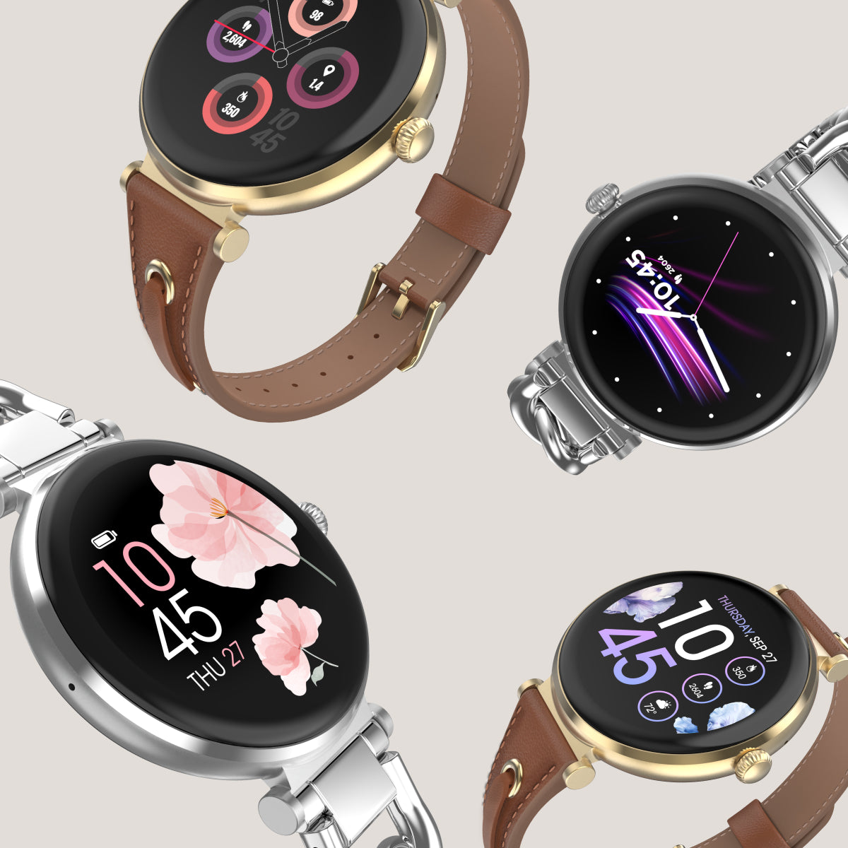 Four smartwatches with different designs and color options on a light gray background