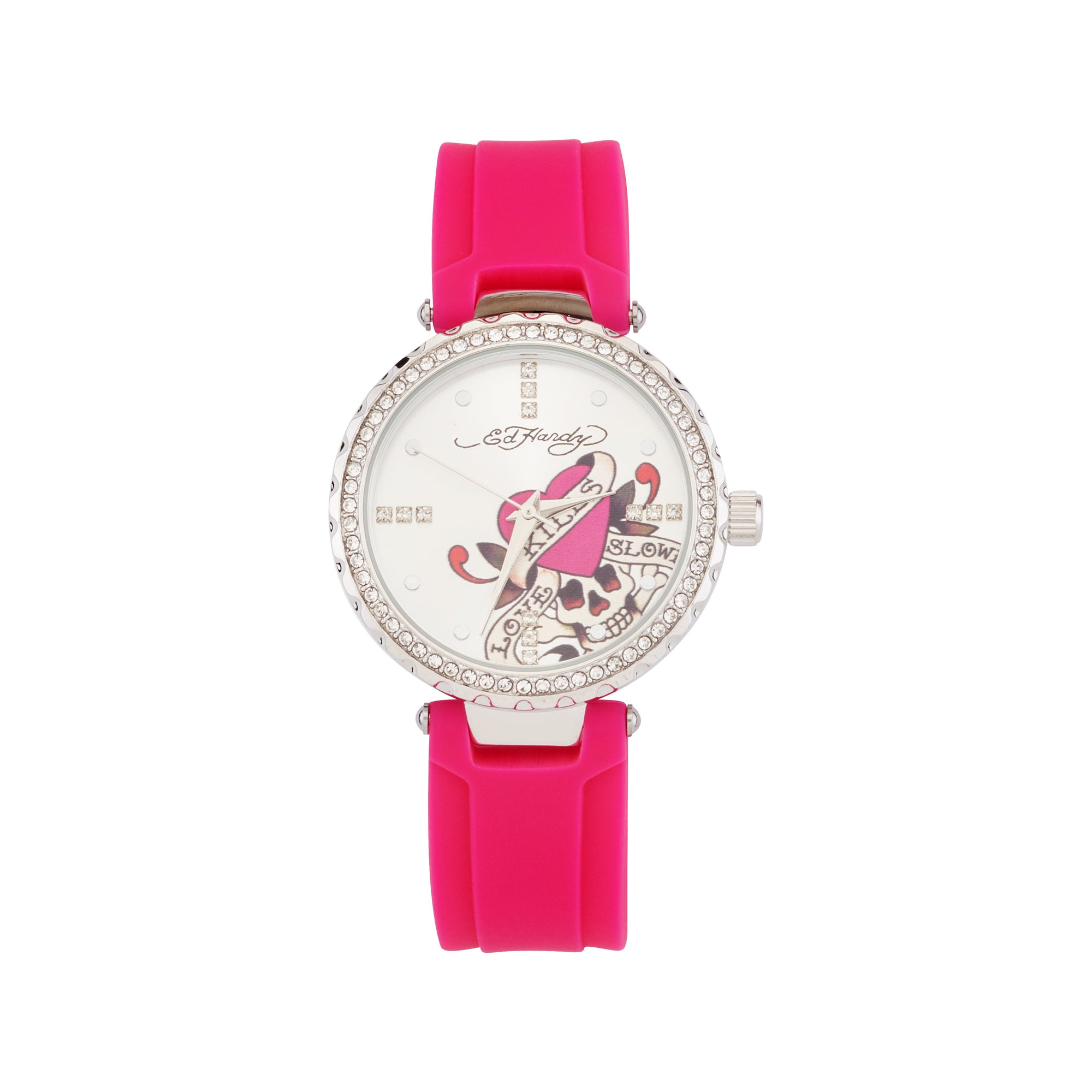 Ed Hardy Ladies Rubber Sliver/Fushia Plain Analog Watch