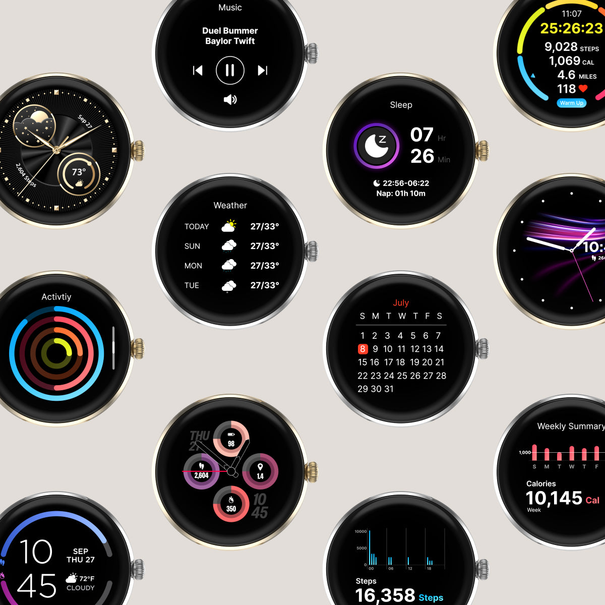Collection of smartwatch interfaces on a light gray background