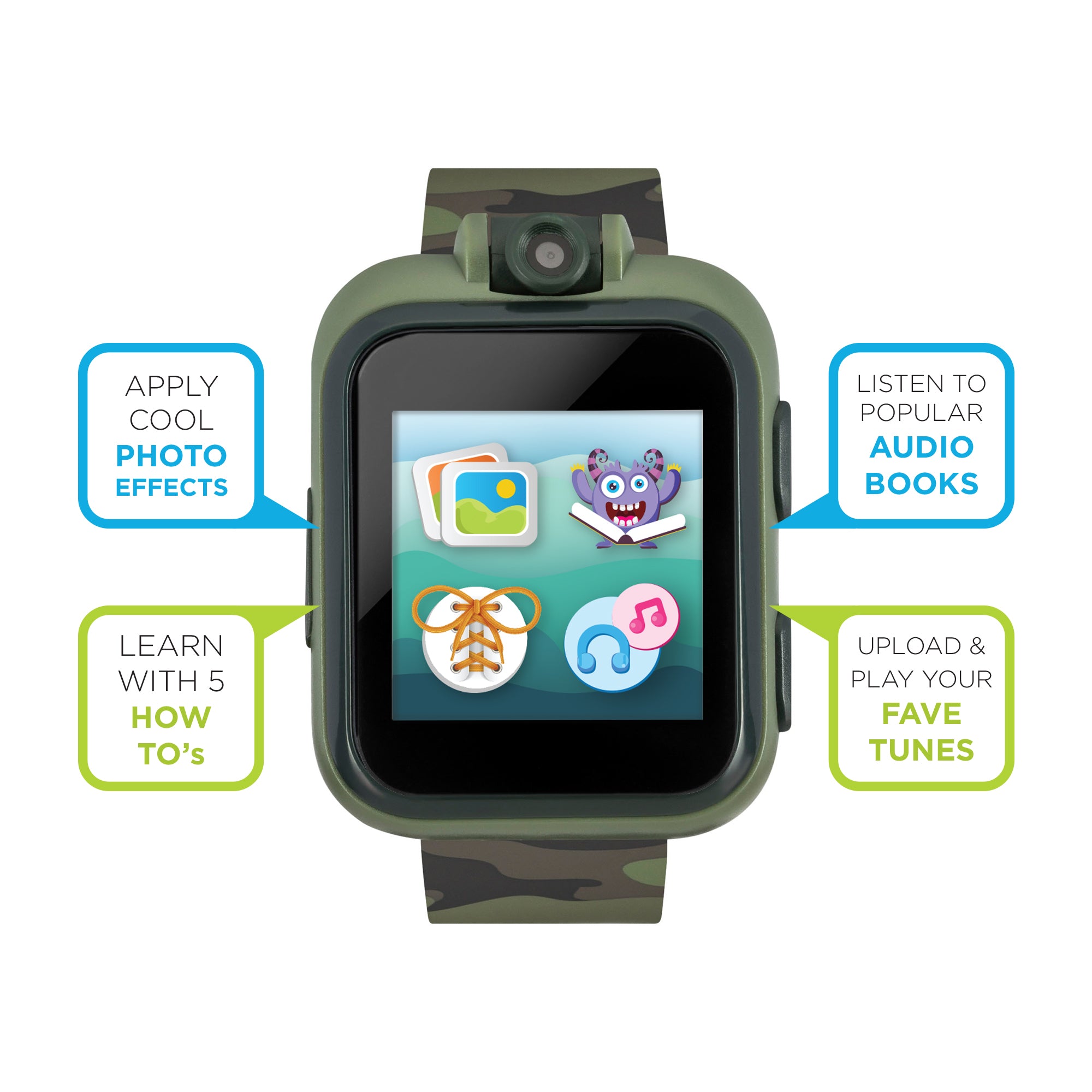 PlayZoom 2 Kids Smartwatch with Headphones: Green Camouflage Print affordable smart watch with headphones