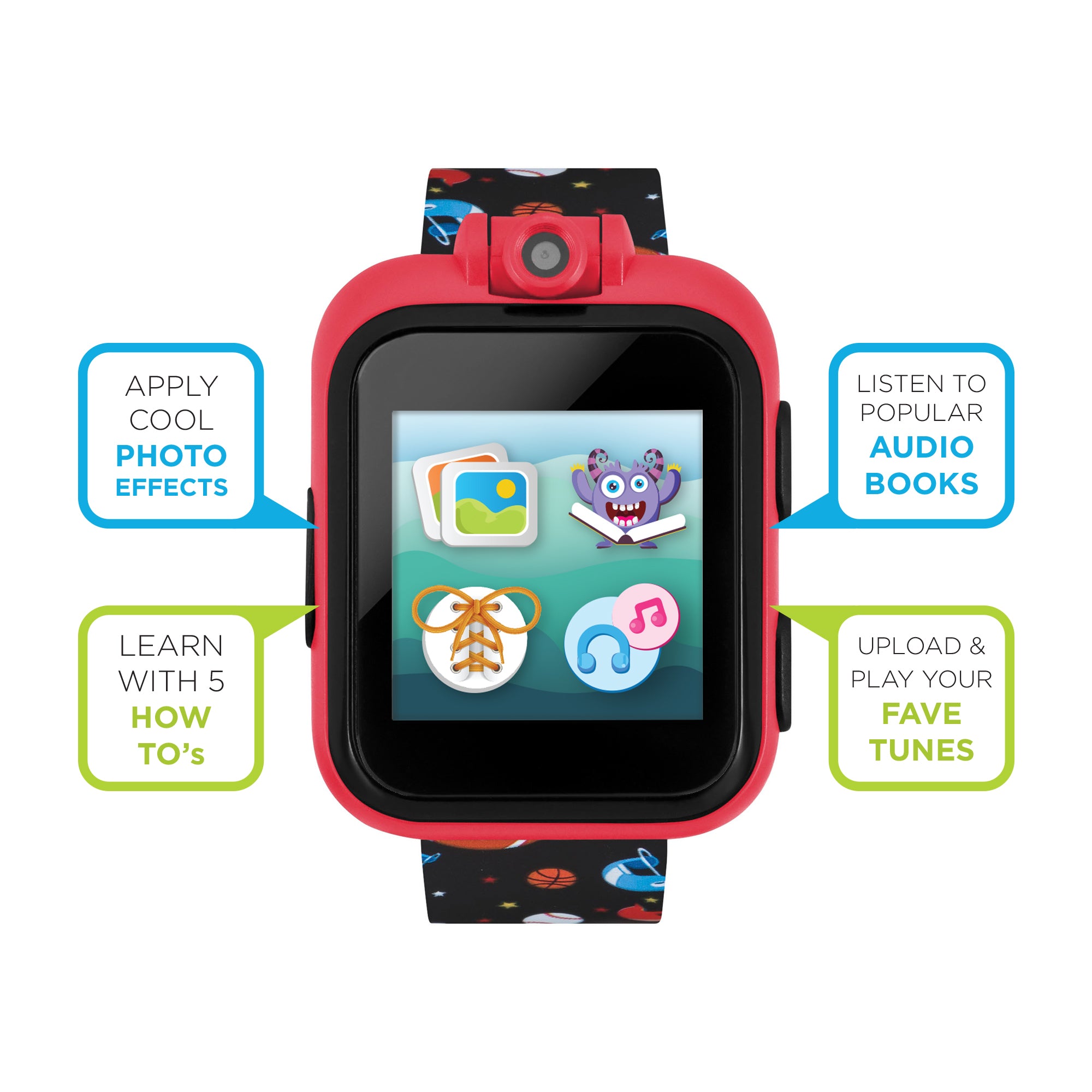 PlayZoom 2 Kids Smartwatch with Headphones: Black Sports Print affordable smart watch with headphones